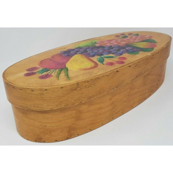Vintage Wooden Oval Box With Hand Painted Fruit Design Signed 16" Tole Decor - Picture 4 of 10